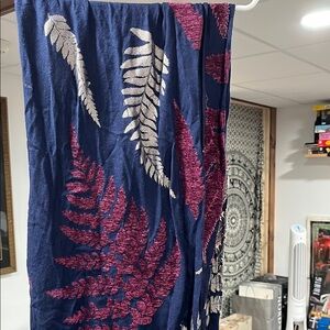 Navy and Burgundy Leaf Pattern Scarf